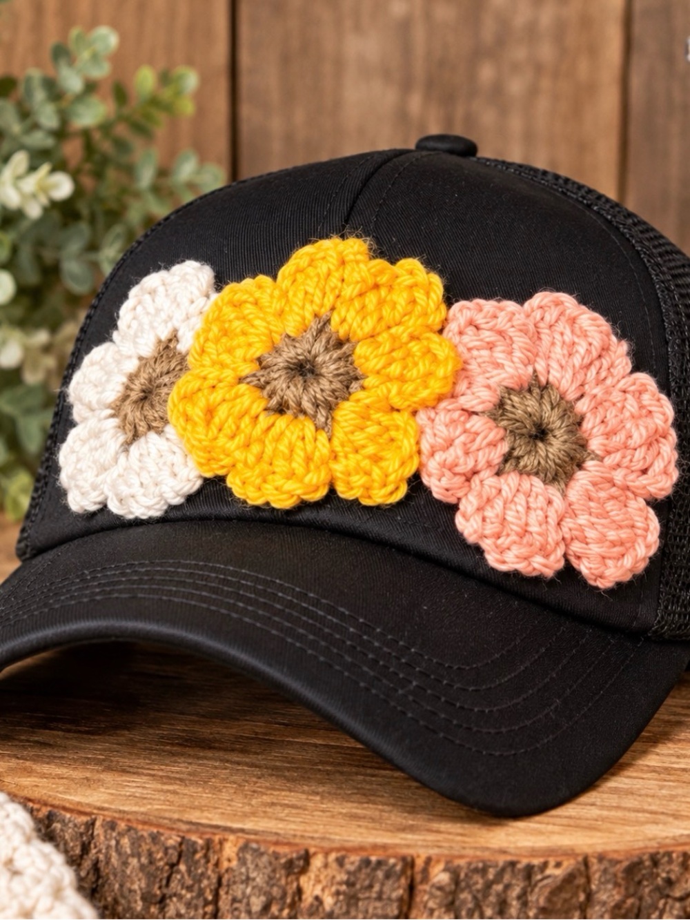 Black Floral Crochet Trucker Hat with Yellow, Peach & Cream Flowers